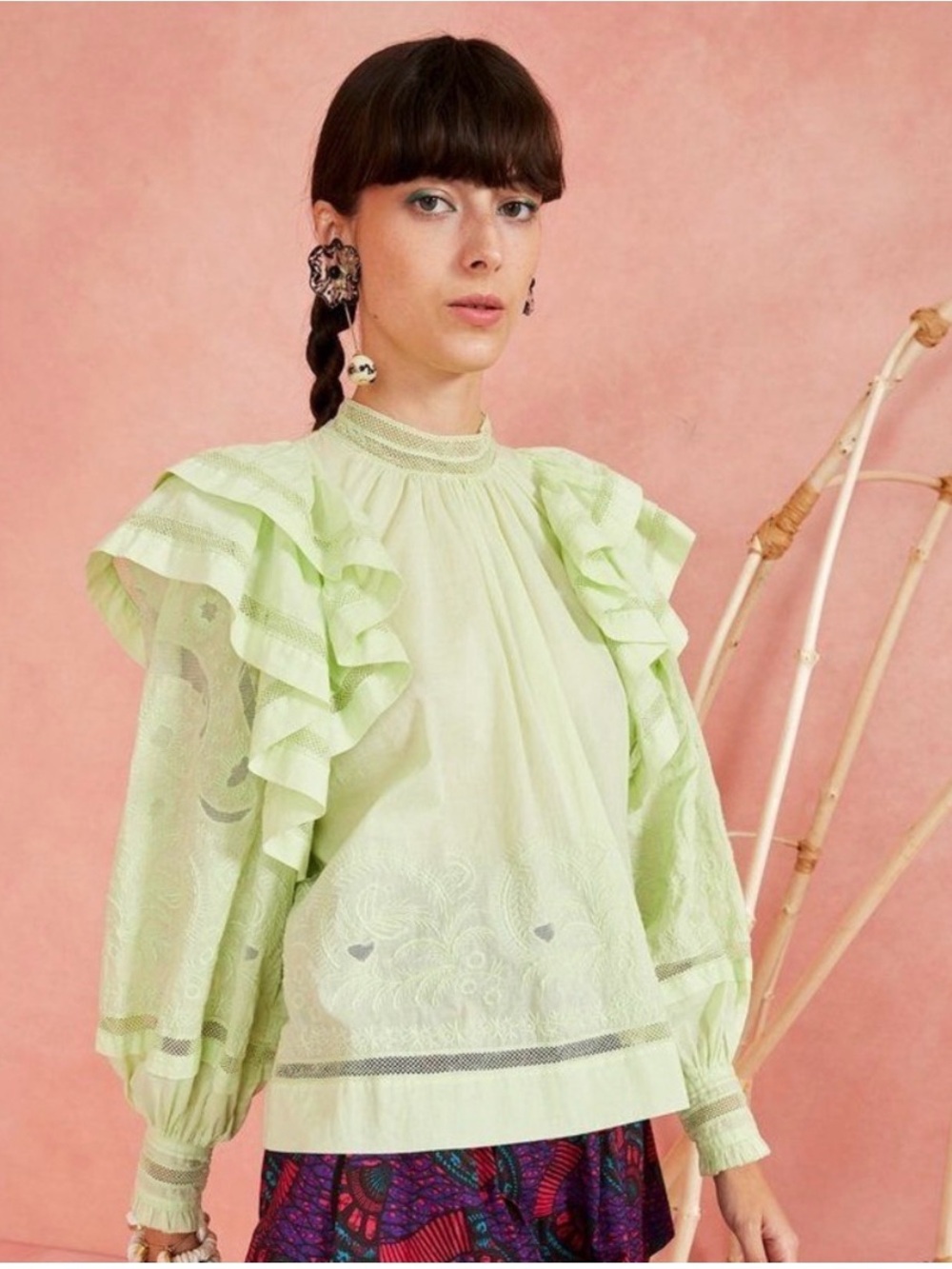 Ulla Johnson Annetta Pistachio Embroidered Ruffle Blouse Size 4